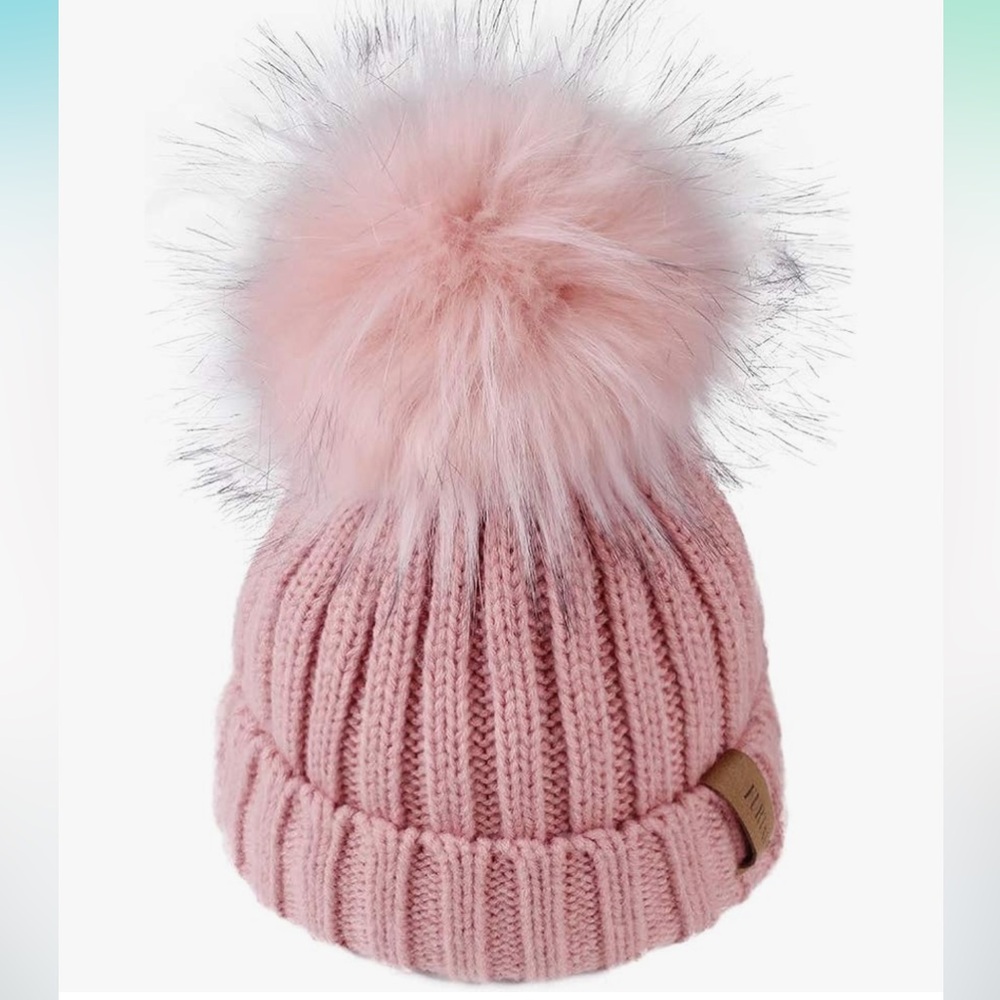 Pink Knit Beanie with Faux Fur Pom
